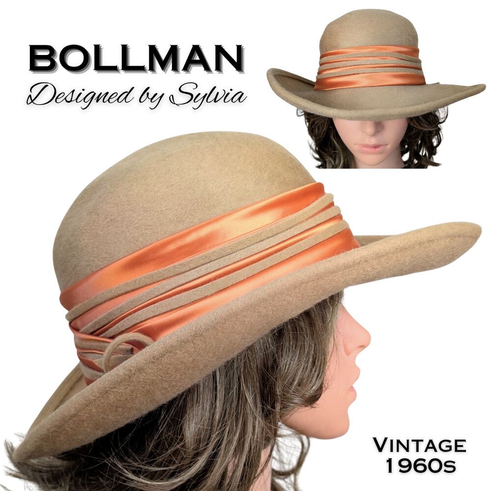 Vintage 1960s Sylvia Bollman Hat Excello Wool Camel w/ Orange Satin Band USA